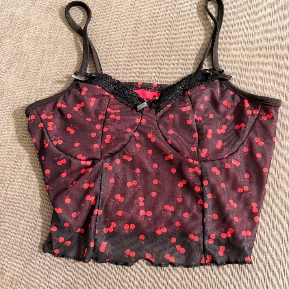VINTAGE black cherry print mesh crop cami, est. S-M 🍒